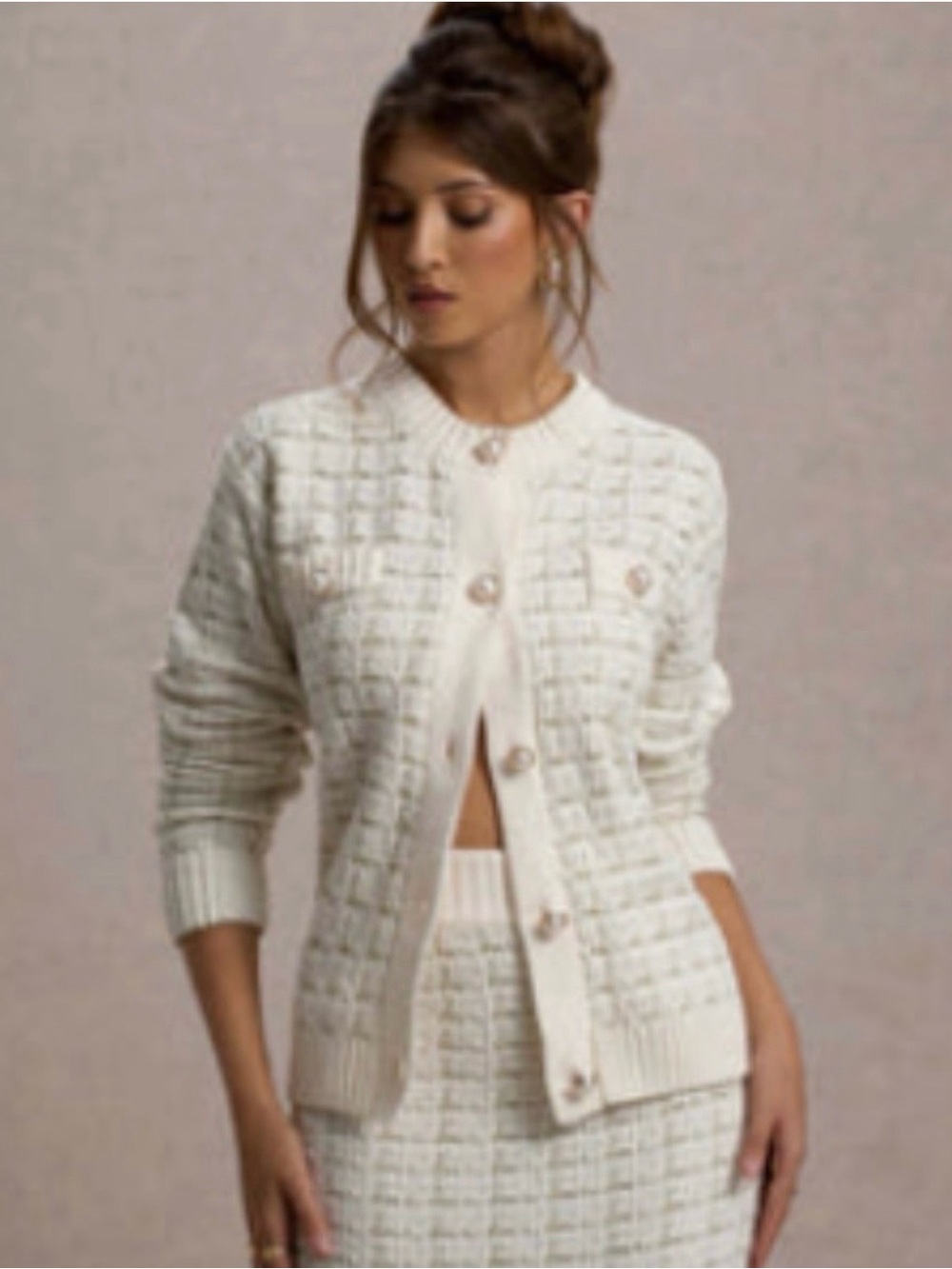 Women's Cream Textured Button Cardigan Sweater and skirt set.